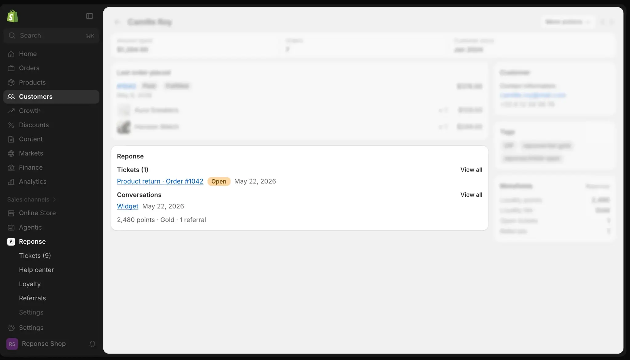 The Reponse block on the Shopify customer page