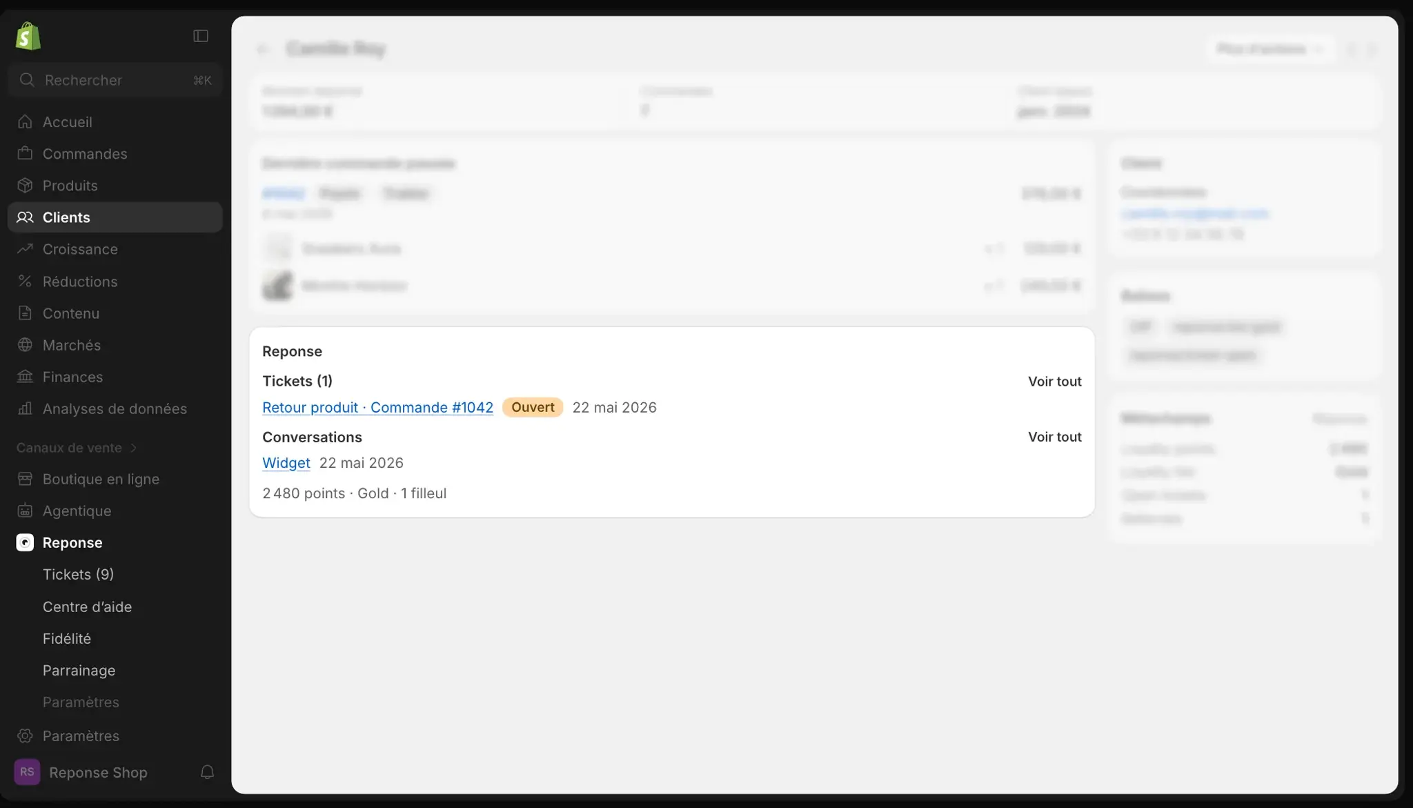 Le bloc Reponse sur la fiche client Shopify