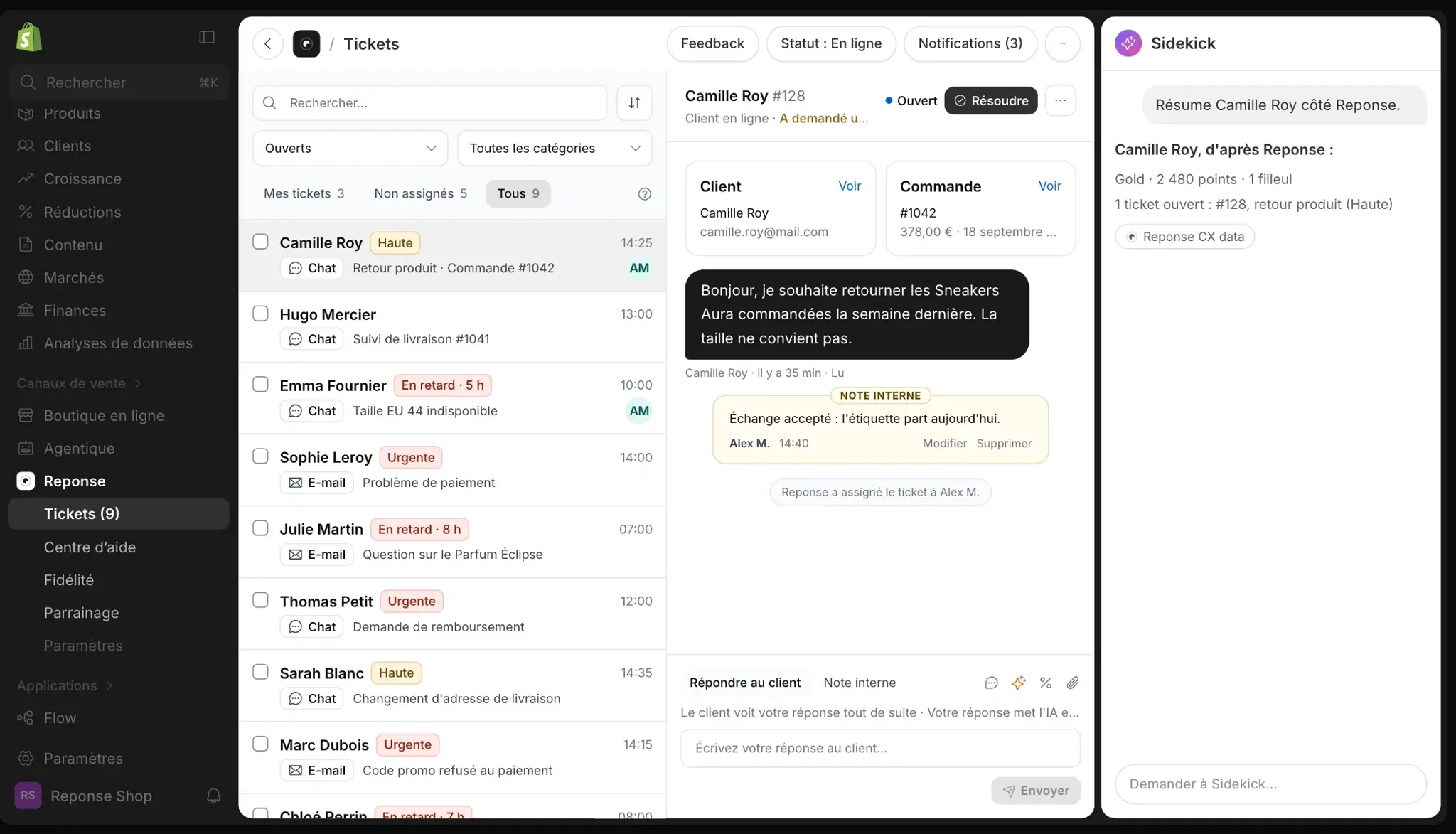 Sidekick résume un client à partir des données de Reponse