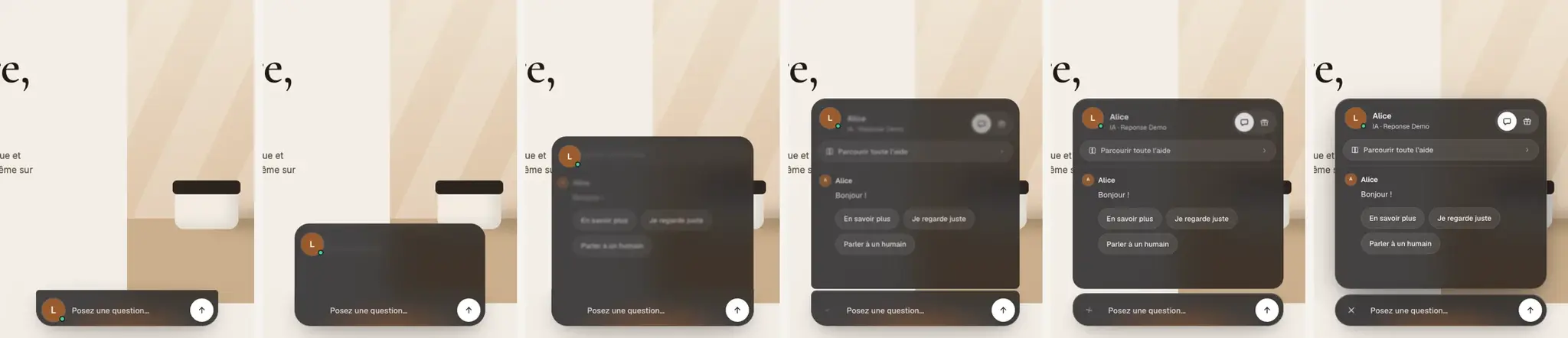 Six frames of the widget opening, from the closed bar to the open chat