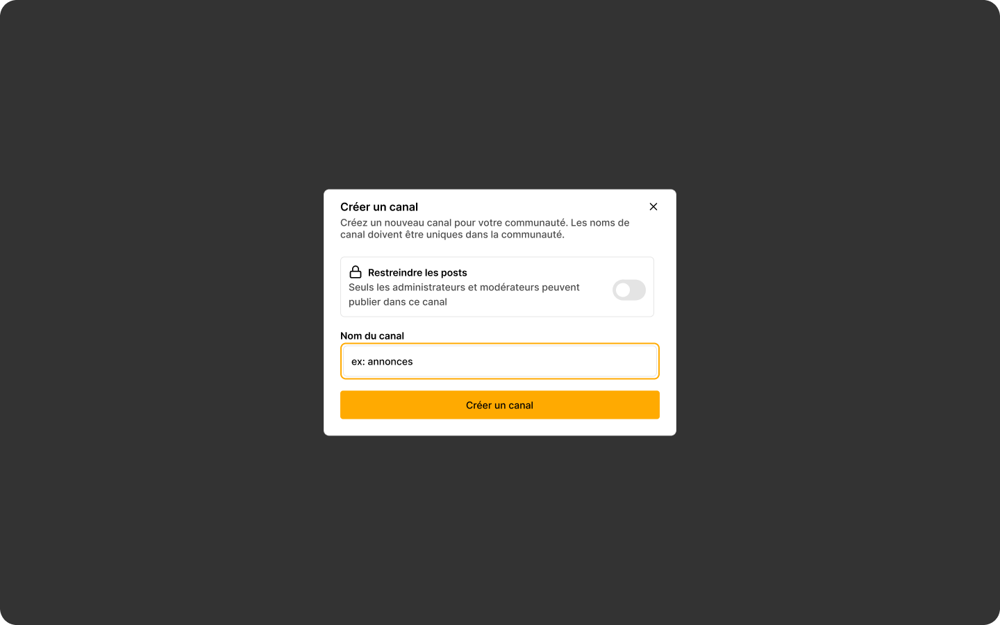 Create canal modal